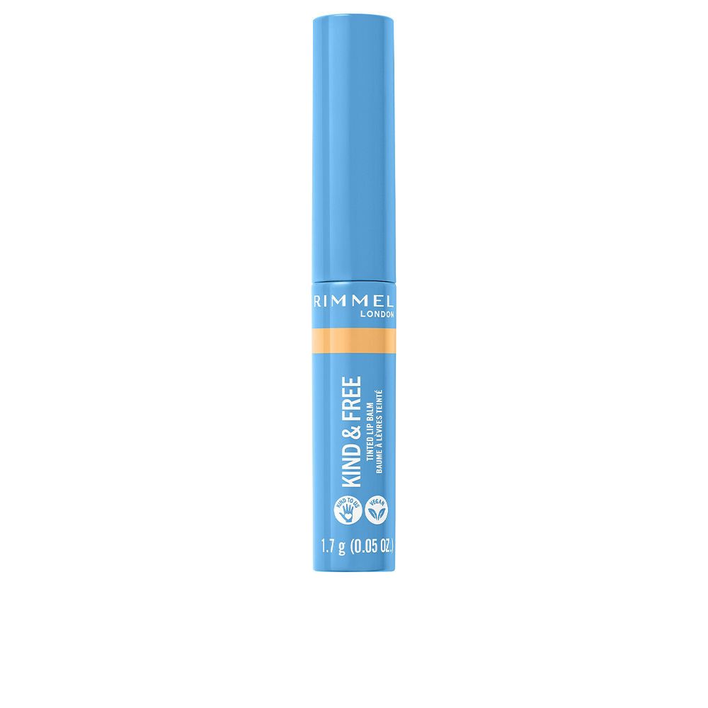Emballage cosmétique bleu et jaune. Inscription : KIND & FREE, 1,7 g (0,05 oz). Marque : RIMMEL LONDON.