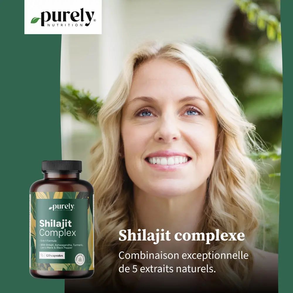 Femme avec flacon Shilajit Complex. Marque: purely.