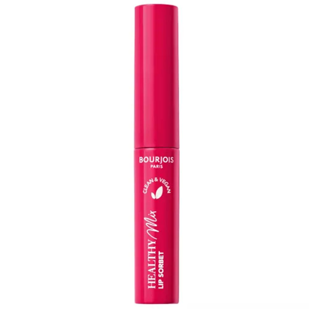 Bourjois Healthy Mix Lip Sorbet, étui rose. Texte : Clean & Vegan. Inscription : Healthy Mix Lip Sorbet.