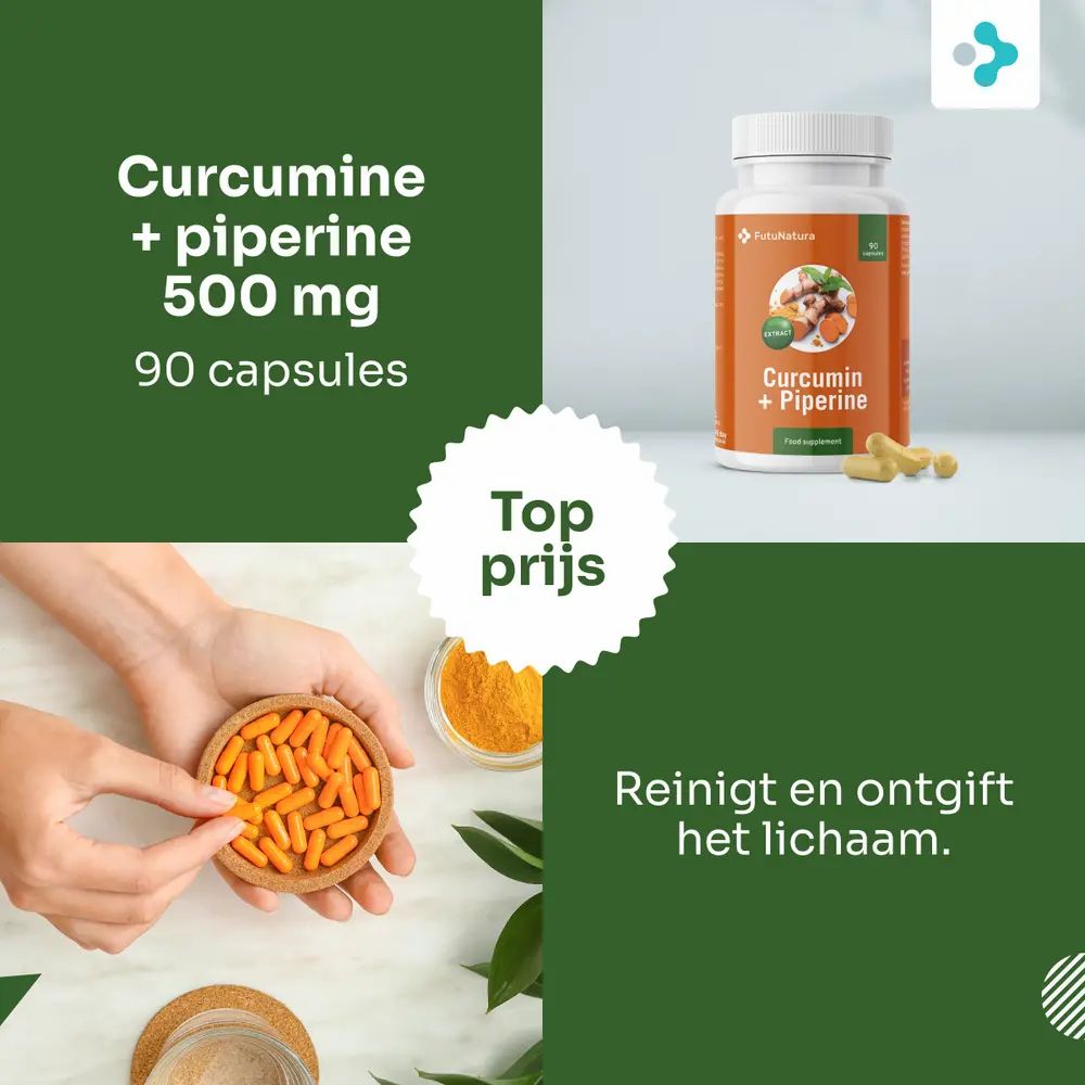 Product met Curcumine + Piperine, 500 mg, 90 capsules. Geel poeder en peperkorrels in schalen.