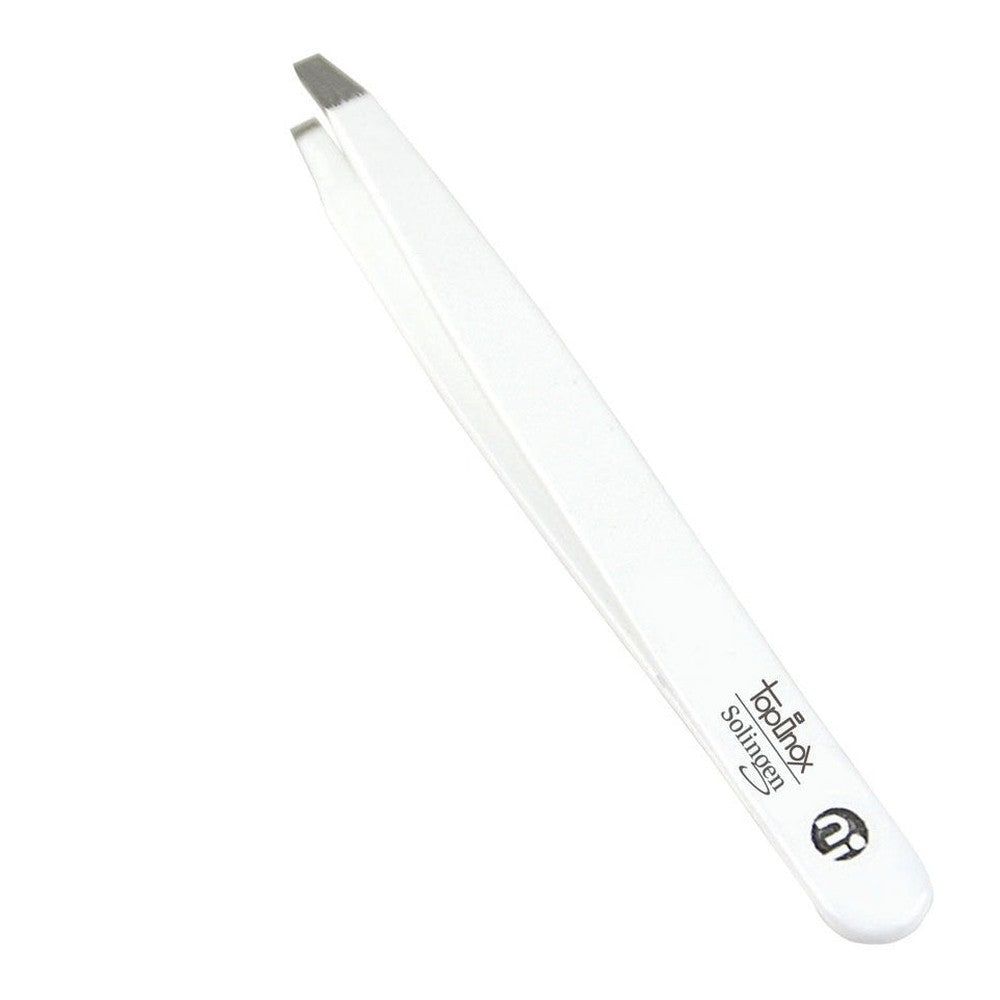 Pince à épiler courbée blanche en acier inoxydable. Inscription TopInox Solingen. Pointes grises.