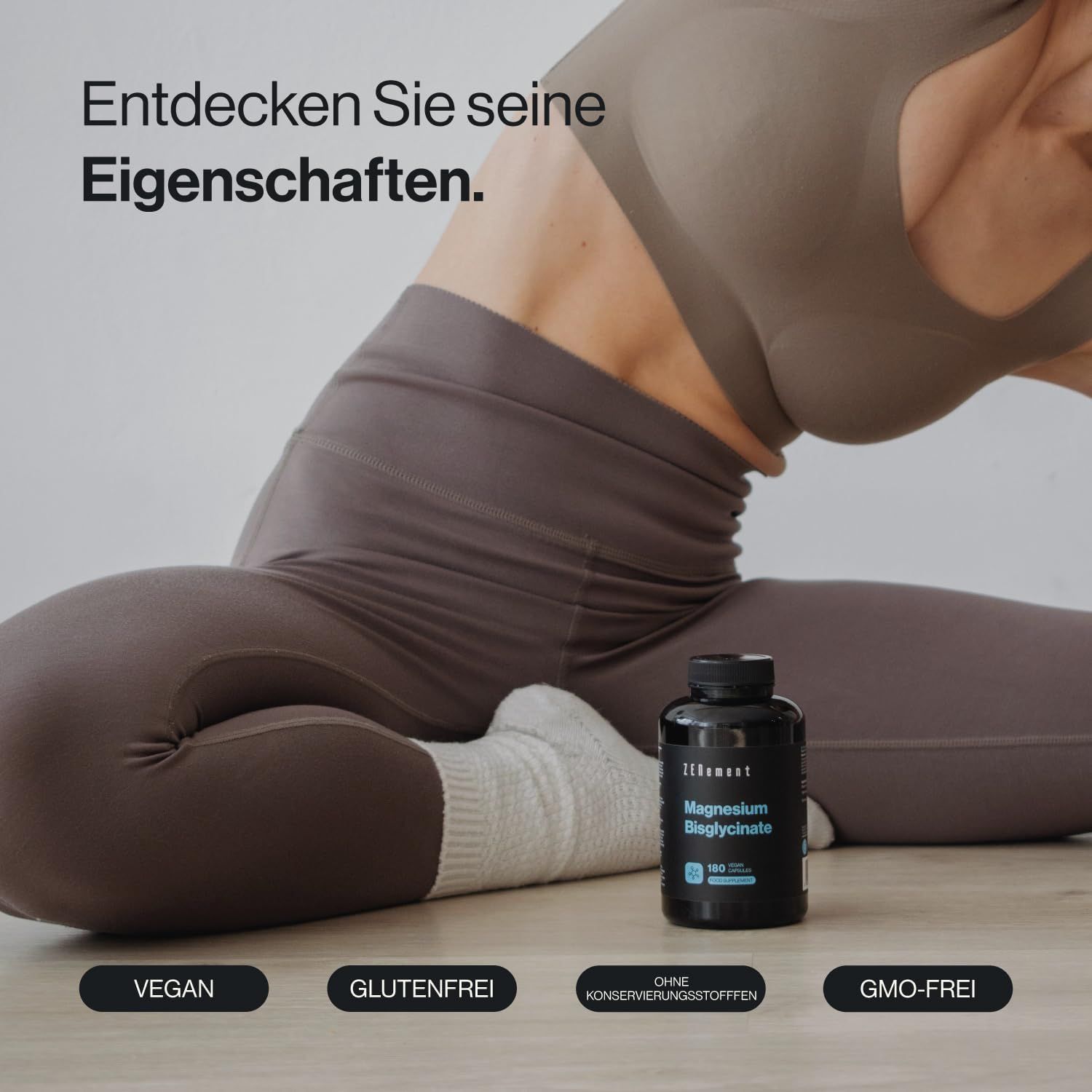 Flacon noir de gélules de magnésium bisglycinate Zenement. Végétalien, sans gluten, sans conservateurs, sans OGM.