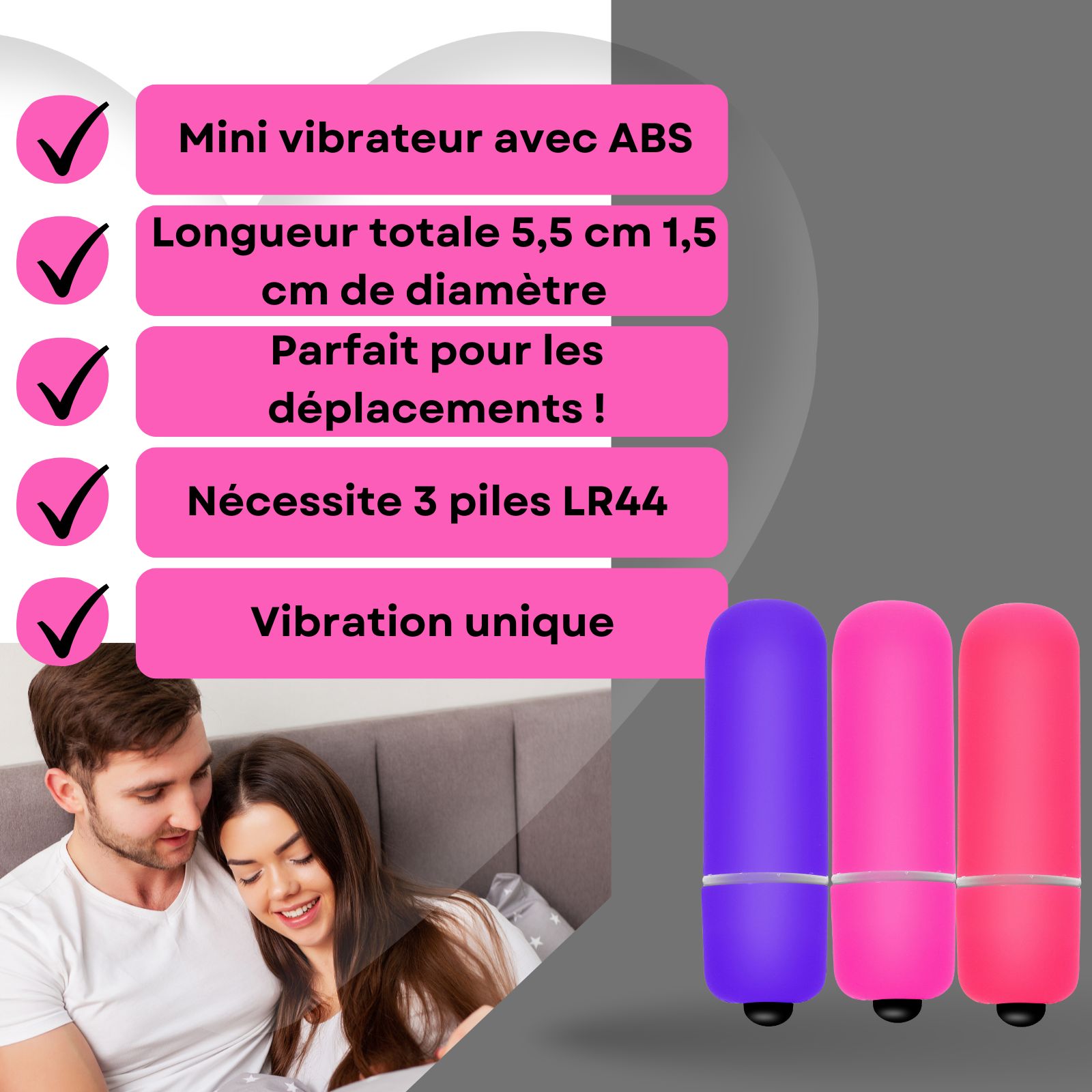 Trois vibrateurs. Violet, rose et rose. Sur une surface blanche.