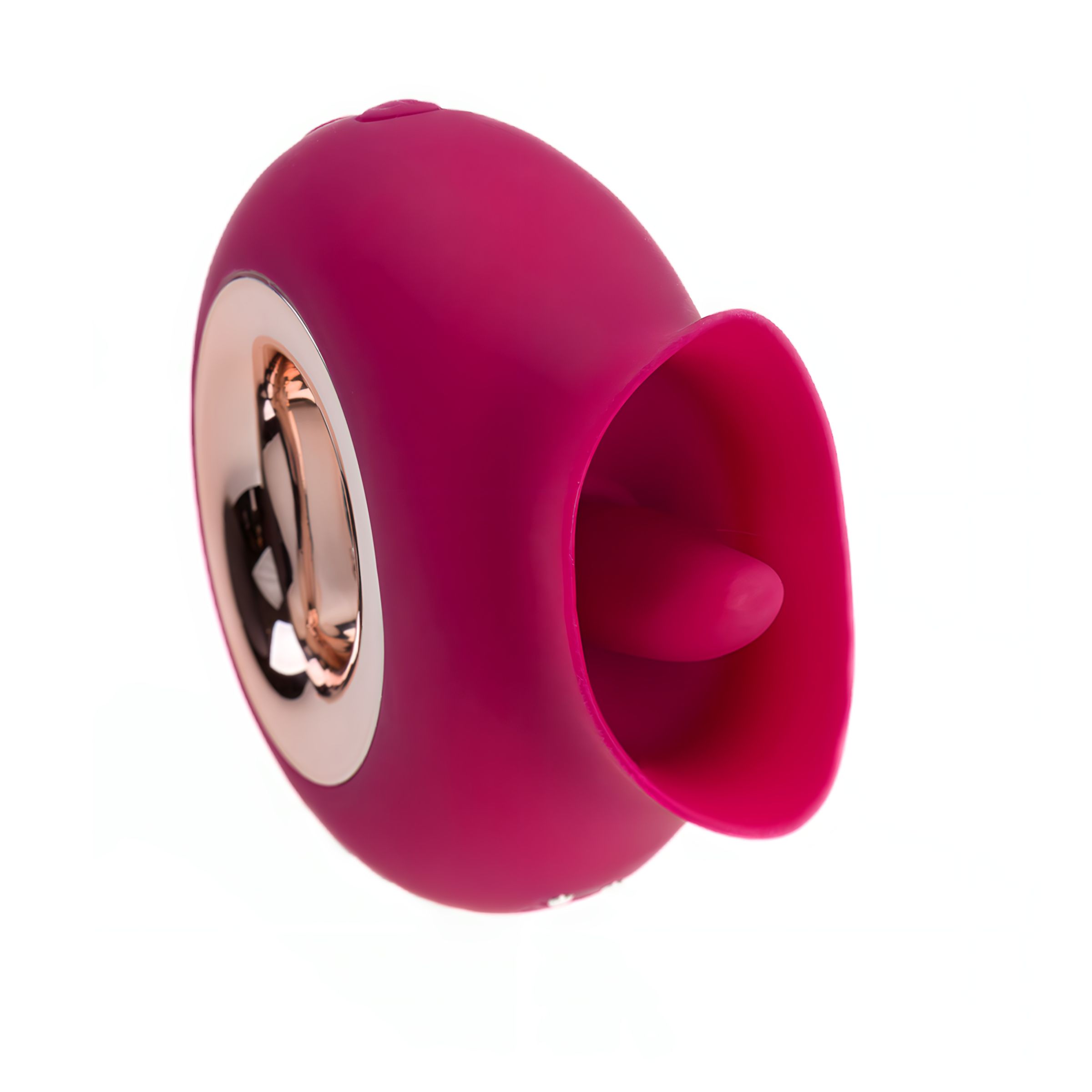 Appareil rose avec anneau doré et une ouverture. L'appareil a une forme arrondie.