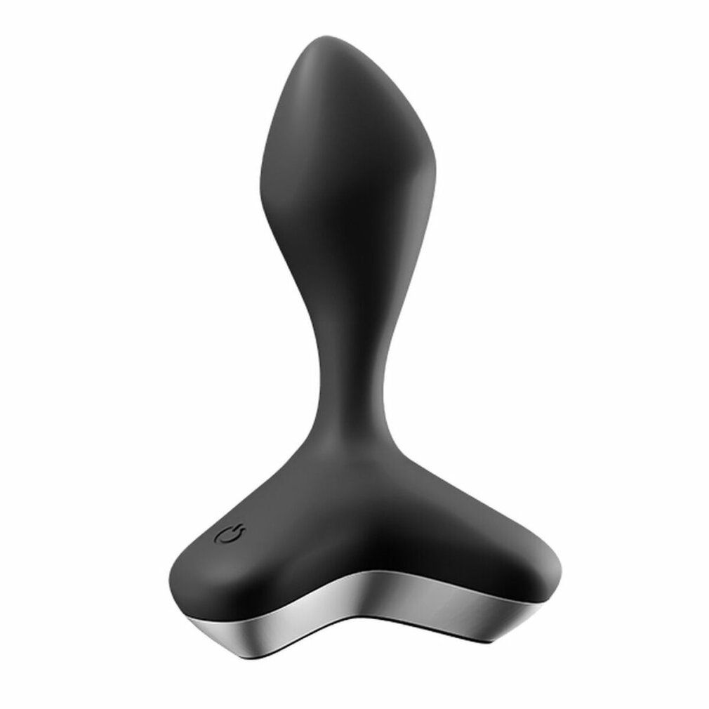 Vibrateur anal noir avec base argentée. Pointe ovale, forme ergonomique. Bouton d'alimentation avec symbole. Surface lisse.