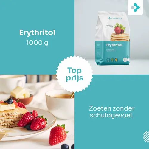 Reclame met FutuNatura Erythrit. Productafbeelding, tekst: Erythrit 1000 g, Top prijs. Ontbijt met pannenkoeken.