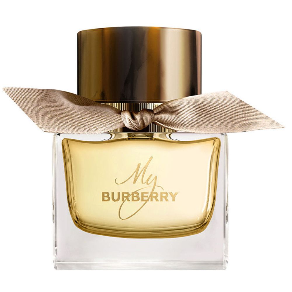 Parfumfles met gouden dop en strik. Op de fles staat My Burberry.