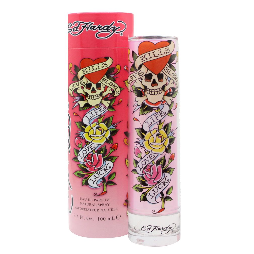Ed Hardy Femme Eau de Parfum flesje en doos met schedel- en rozenmotief.