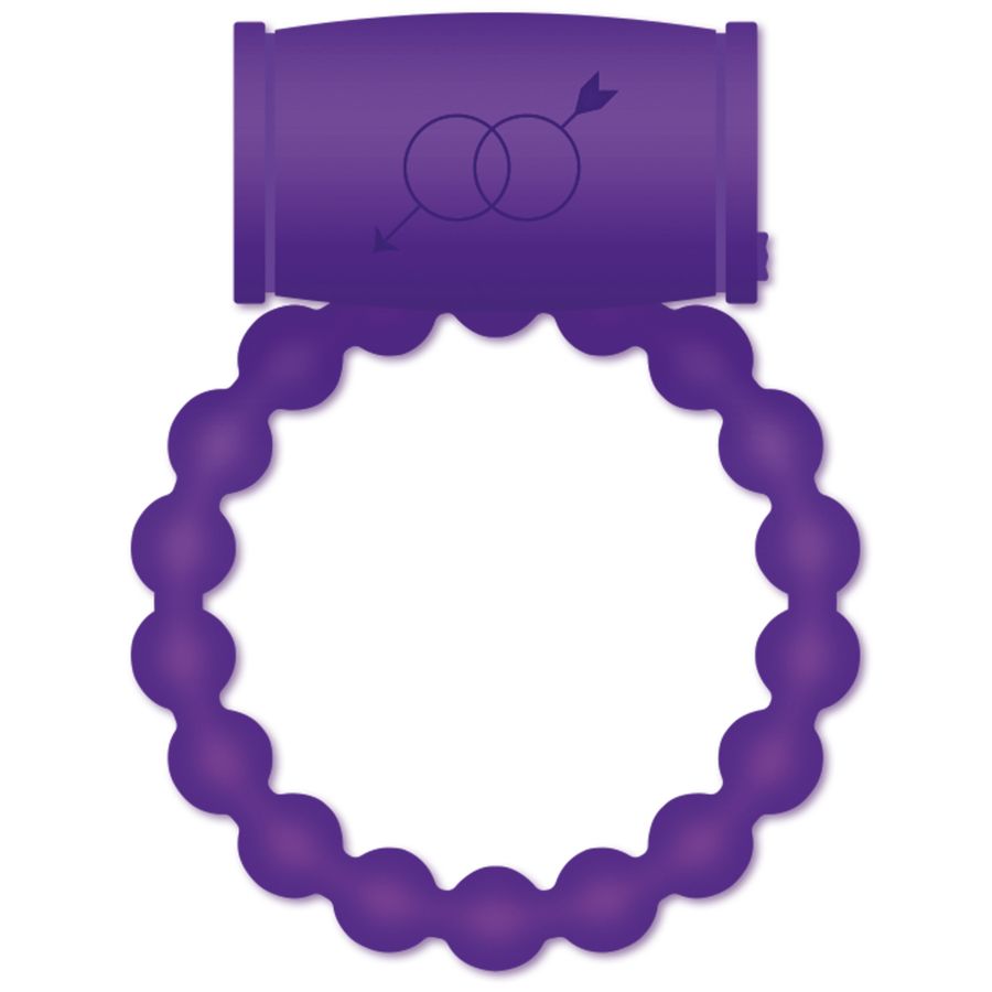 Anneau vibrant violet avec perles et embout. Embout avec symboles. Structure en forme d'anneau.