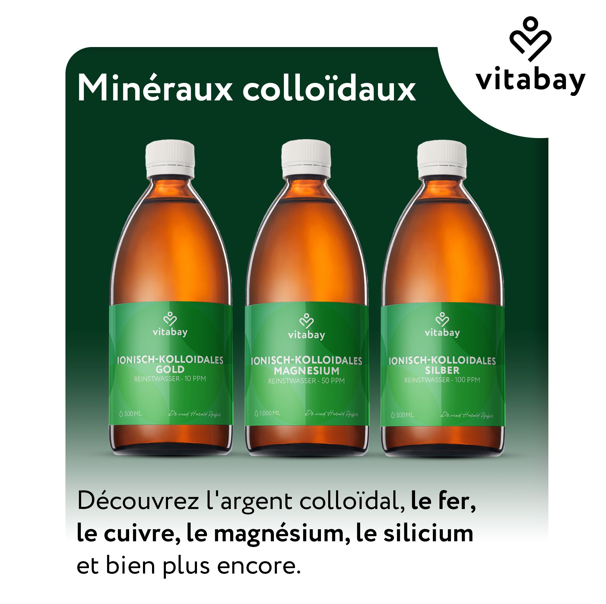 Bouteille d'Or colloïdal 20 PPM avec texte : Eau ultra-pure, 1.000 ml par bouteille, 20 unités d'or par million.