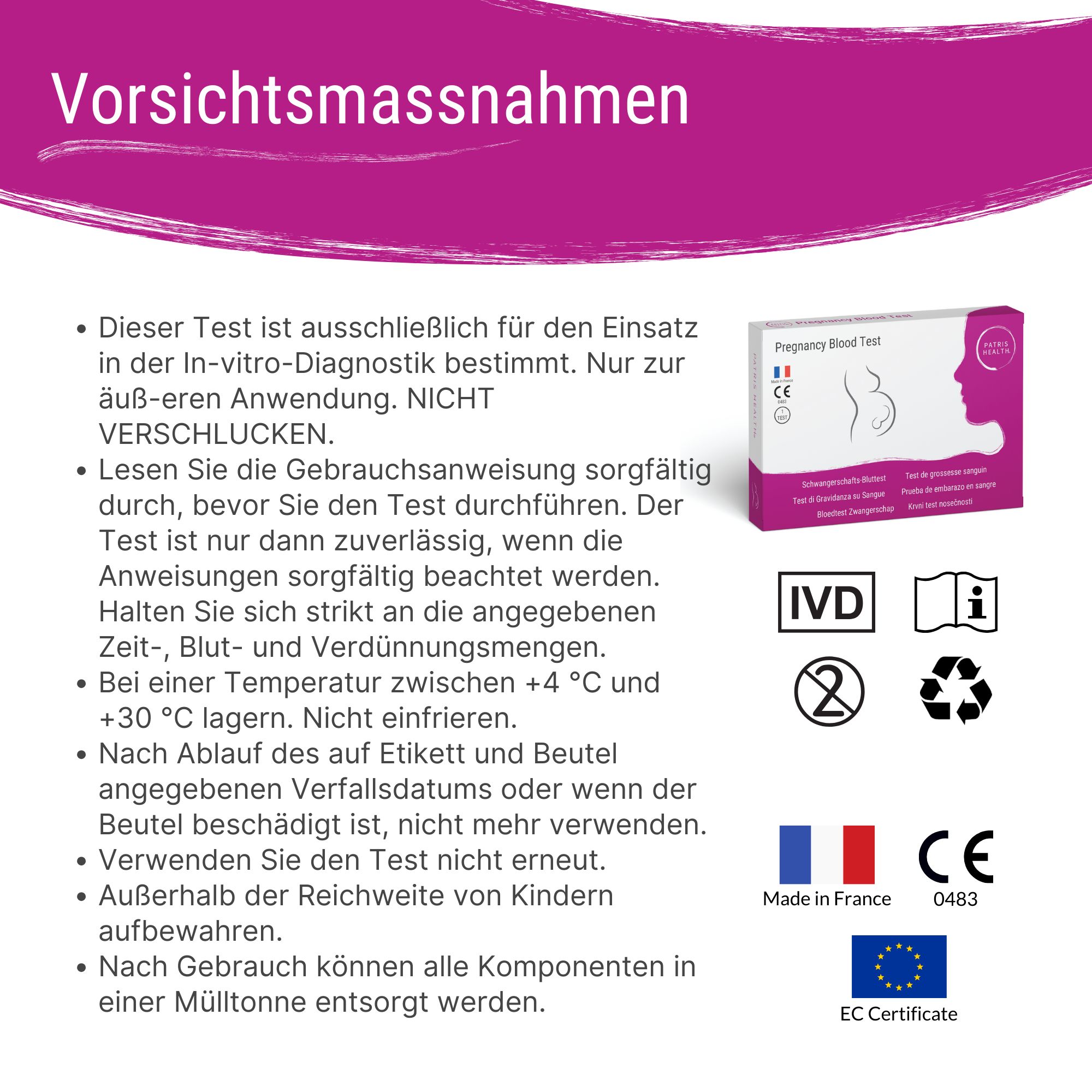 Voorzorgsmaatregelen voor de zwangerschap bloedtest. Bevat belangrijke informatie over gebruik en opslag.