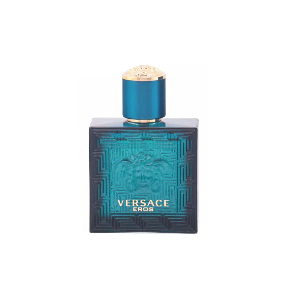 Flacon turquoise avec motif en relief et bouchon doré. Inscription Versace Eros.