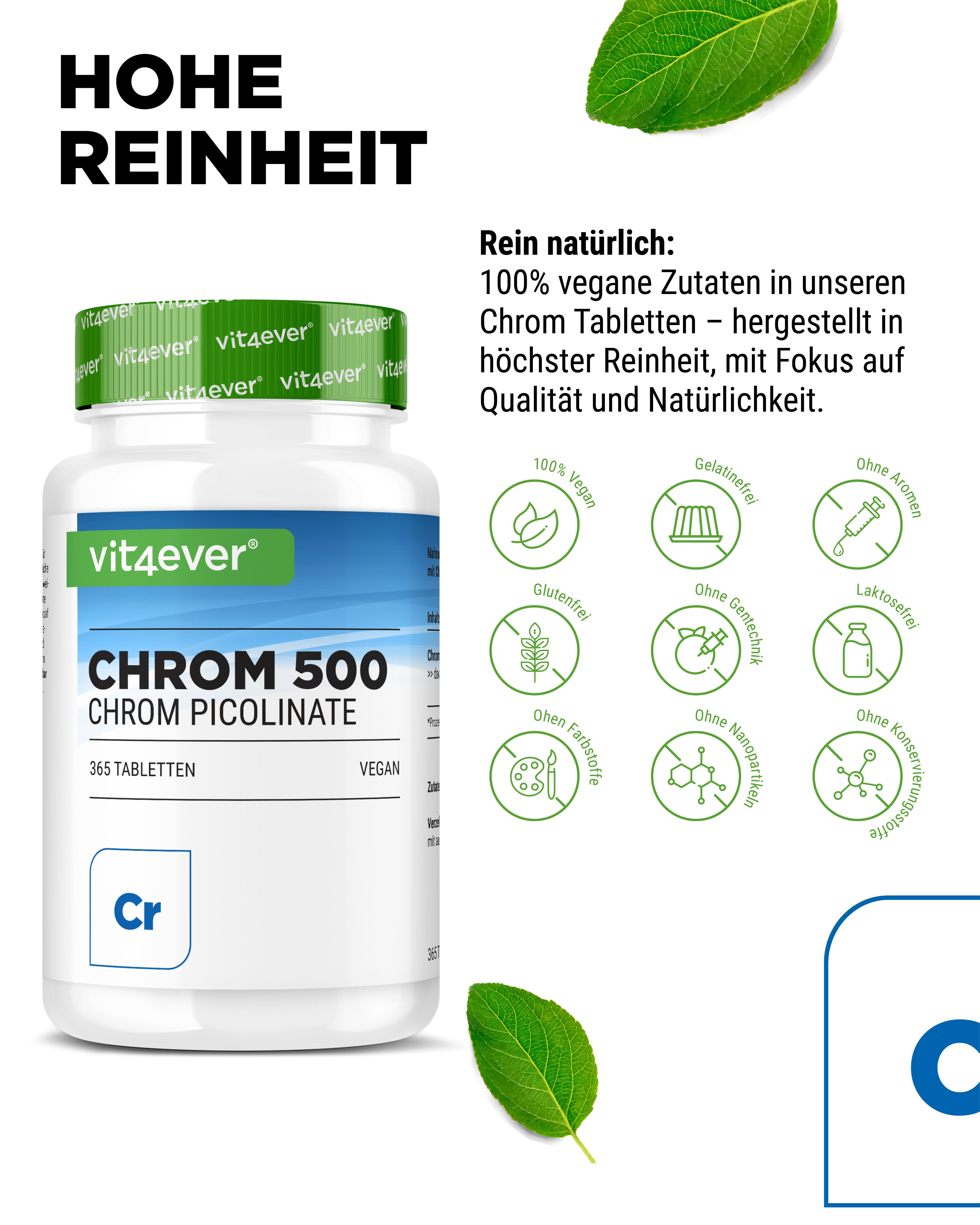 Vit4ever Chrome 500 Picolinate: Flacon de 365 comprimés, vegan, sans gluten, sans lactose, sans conservateurs.