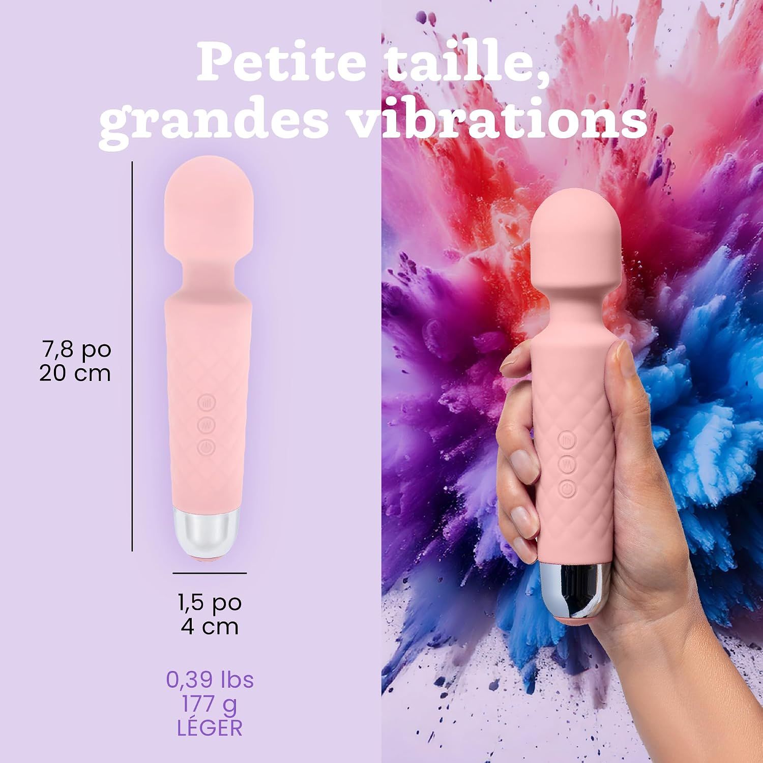 Un vibromasseur rose avec embout argenté. Dimensions : 20 cm de long, 4 cm de large. Poids : 177 g.
