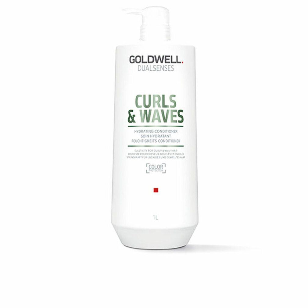 Witte fles met pomp. Opschrift: Goldwell Dualsenses Curls & Waves Conditioner. 1L.