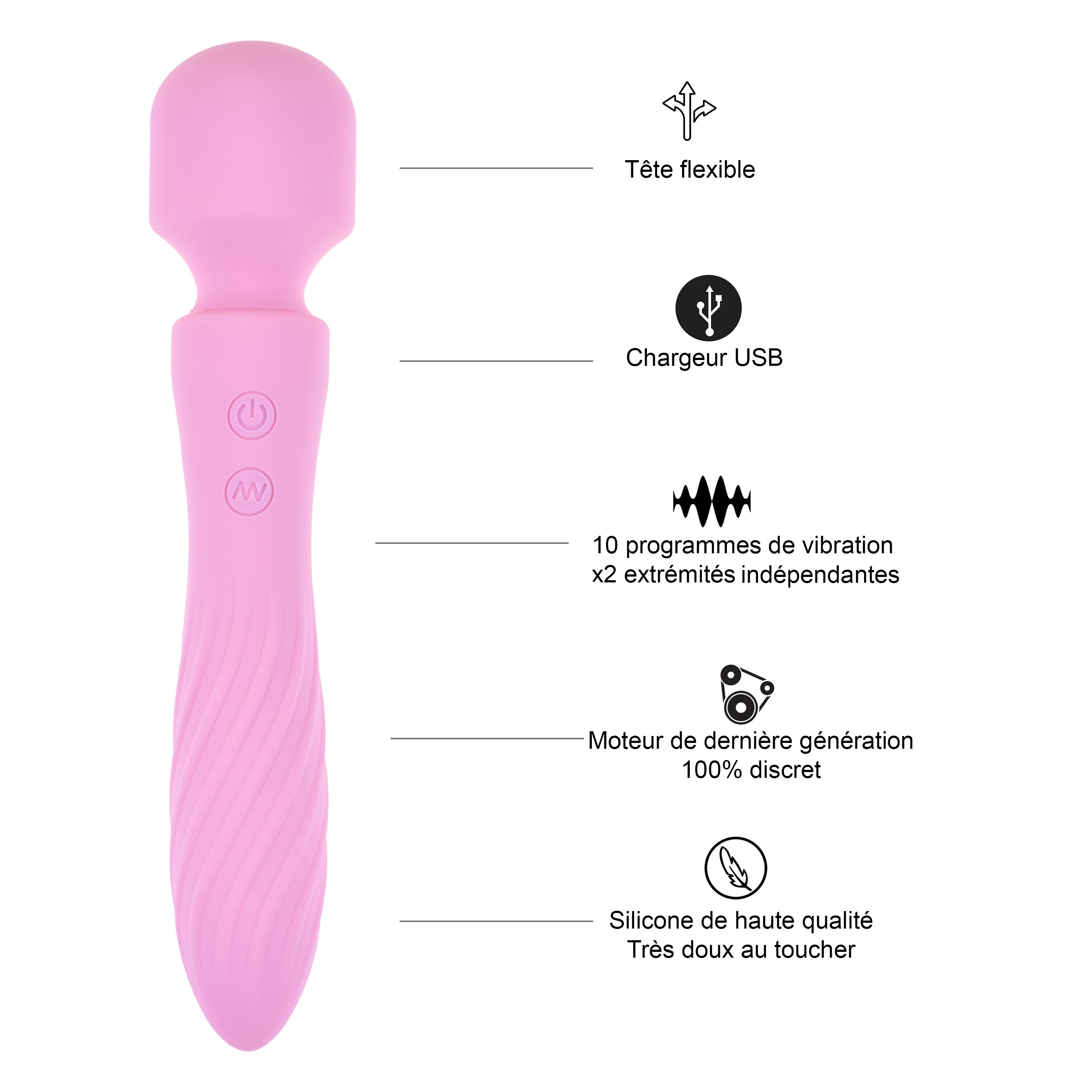 Vibrateur rose avec tête flexible, chargeur USB, 10 programmes de vibration, moteur discret.