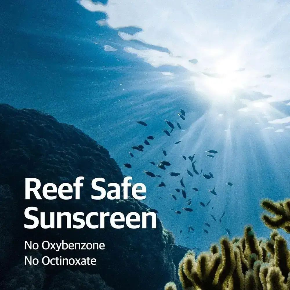 Reef-safe zonnebrandcrème. Onderwatergezicht met koraal en vissen. Geen oxybenzone/octinoxate.