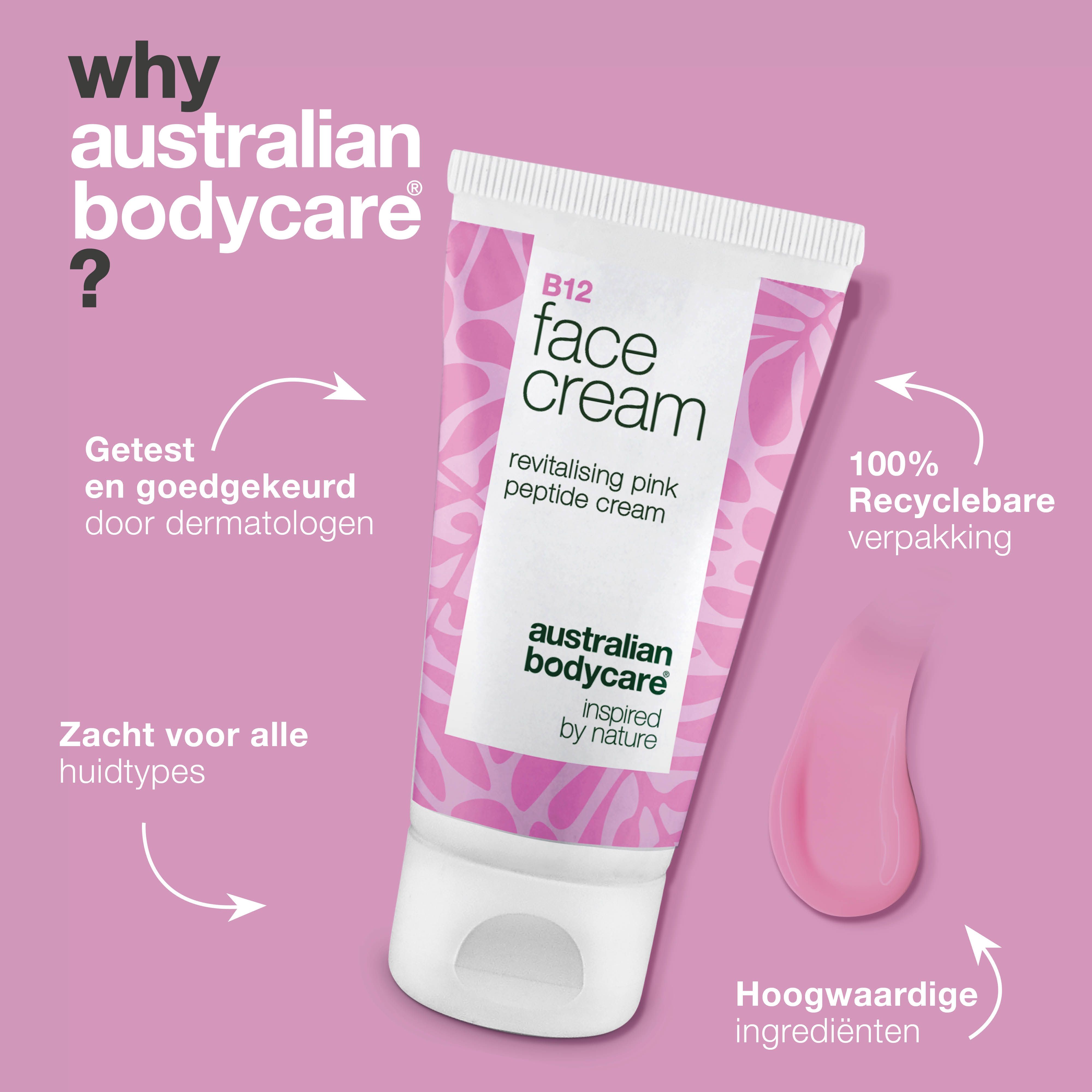 Tube B12 Face Cream. Opschrift: Face Cream, Australian Bodycare. Tekst: Getest, 100% recyclebare verpakking, etc. Roze druppels.