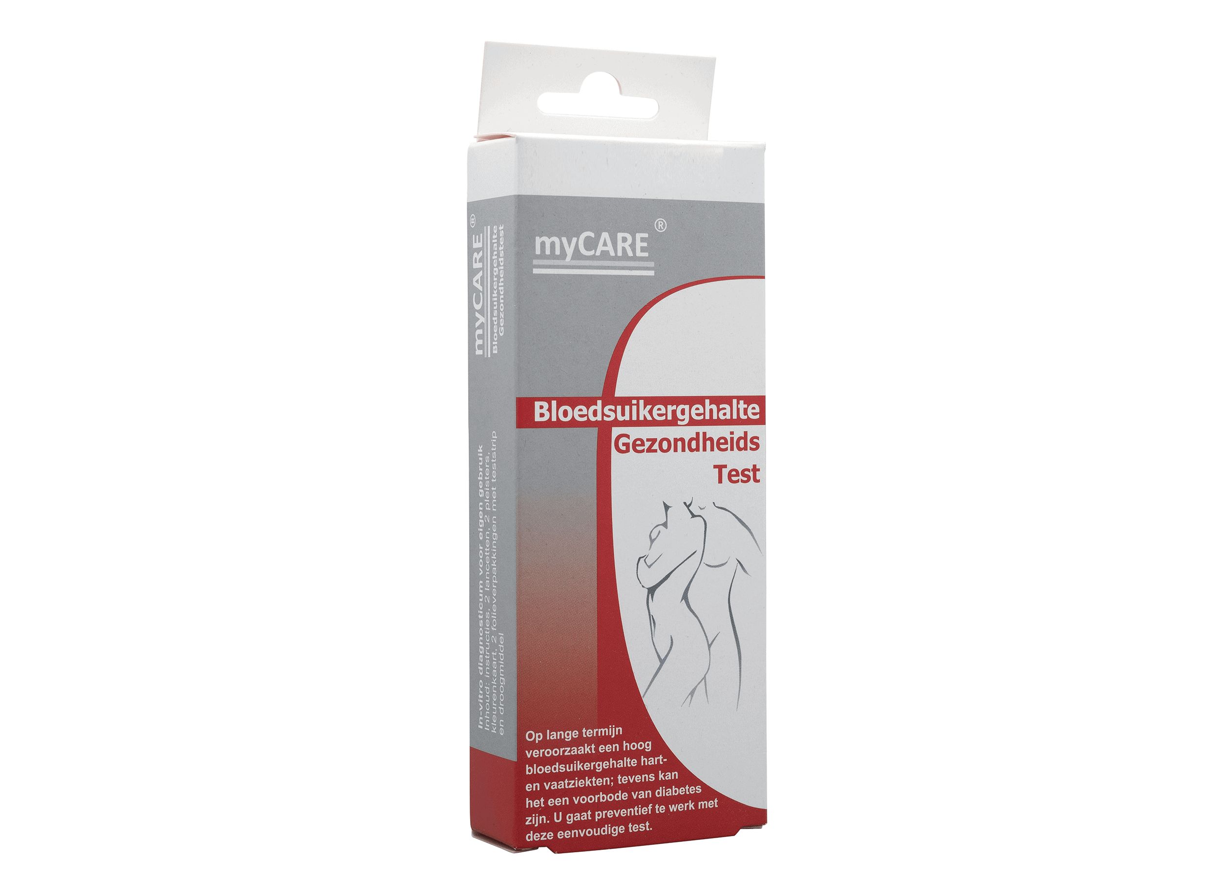 Emballage de test de glycémie. Inscription : myCARE, Bloedsuikergehalte Gezondheids Test. Illustration d'un corps. Design blanc-rouge-gris.