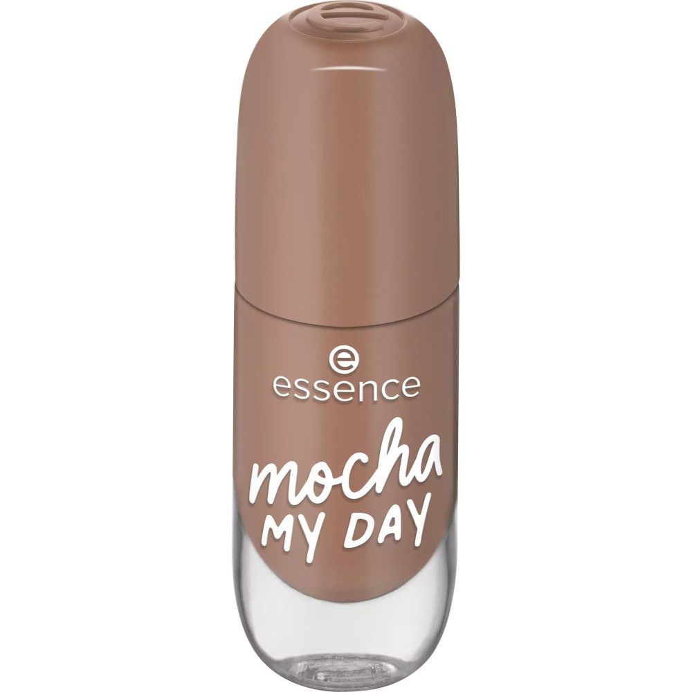 Flacon de vernis à ongles avec bouchon fermé. Inscription "essence mocha MY DAY". Couleur marron clair.