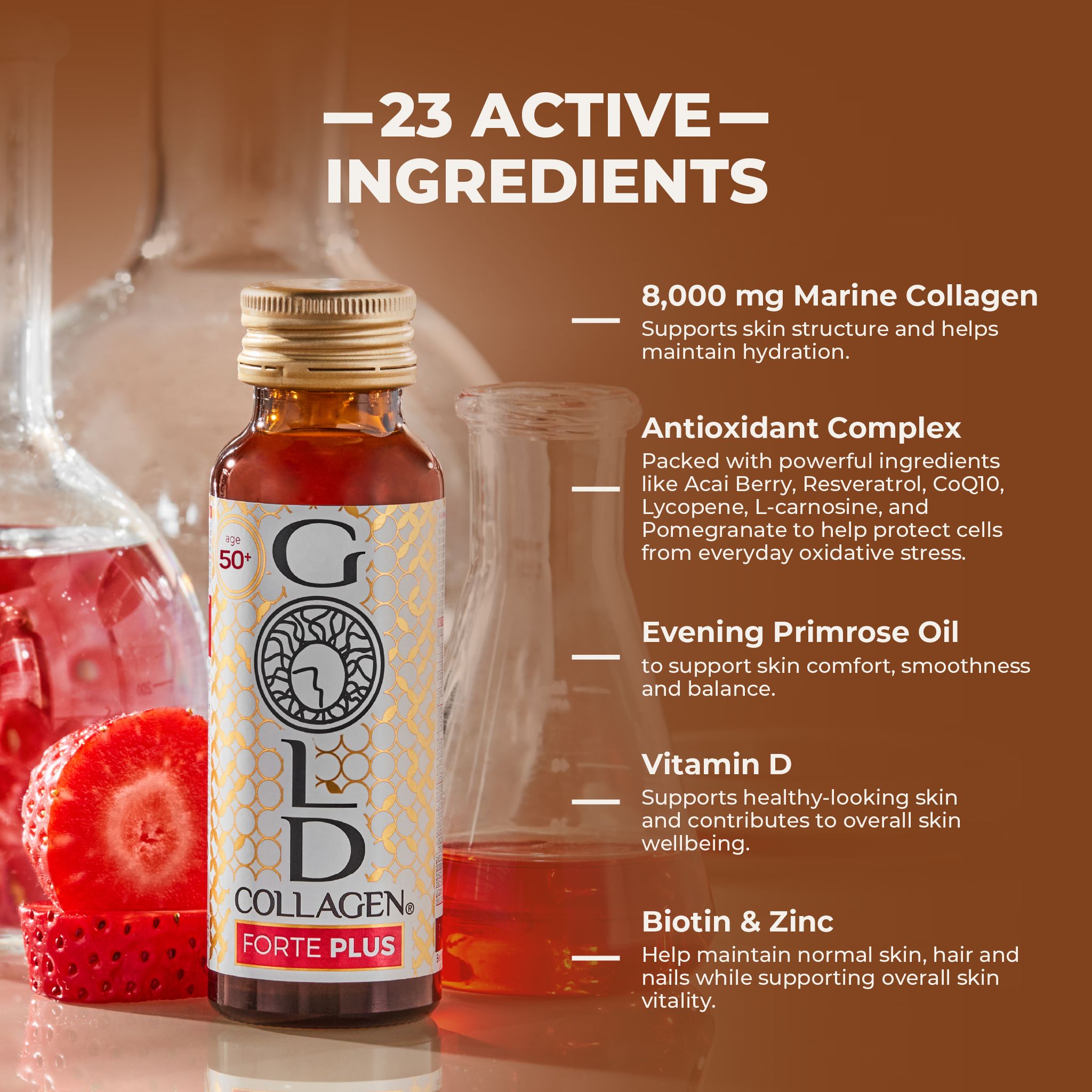 Gold Collagen Forte Plus fles met ingrediënten: 8000mg collageen, antioxidanten, vitamine D.
