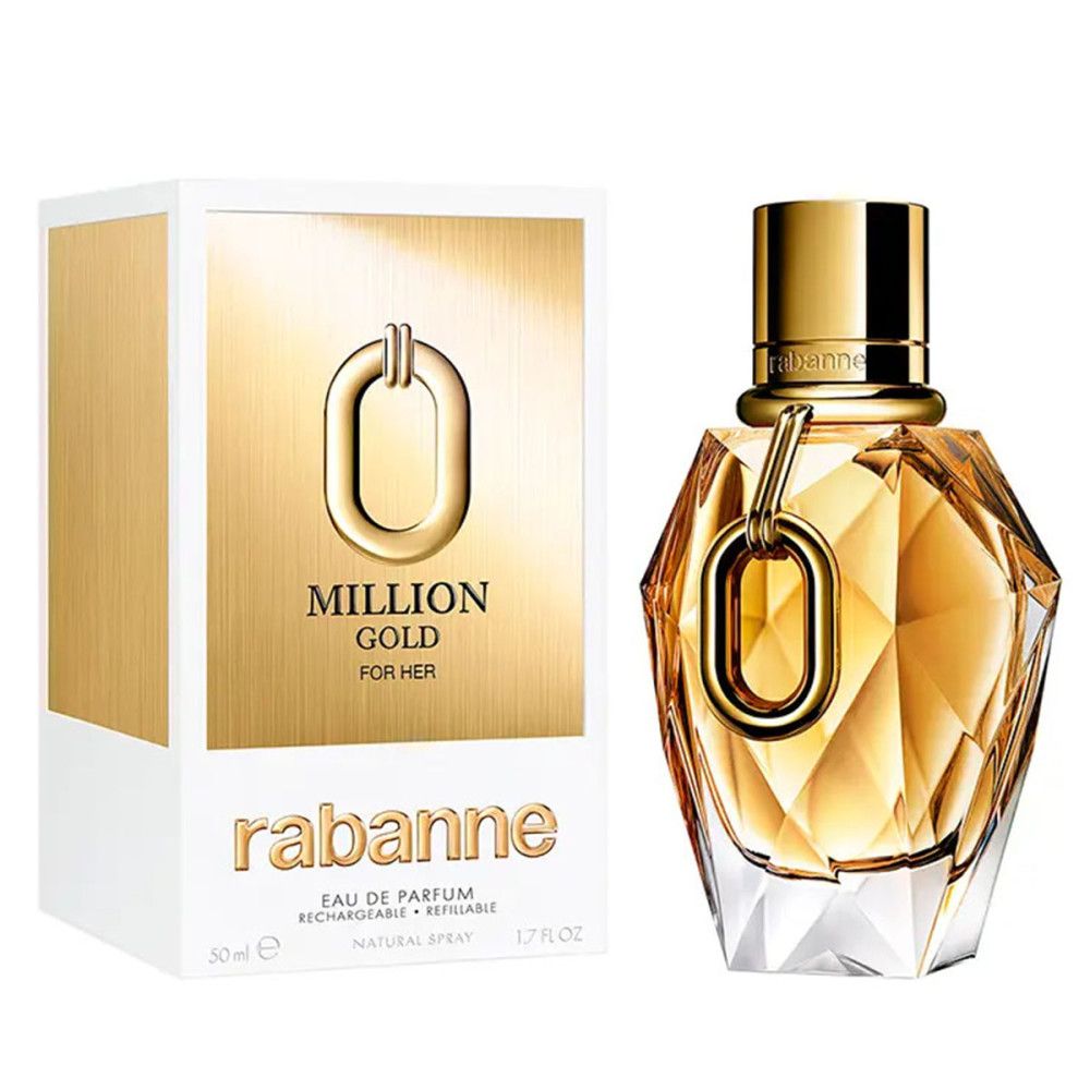 Flacon et emballage dorés. Inscription: Million Gold for Her, Rabanne. Eau de Parfum Spray, rechargeable.