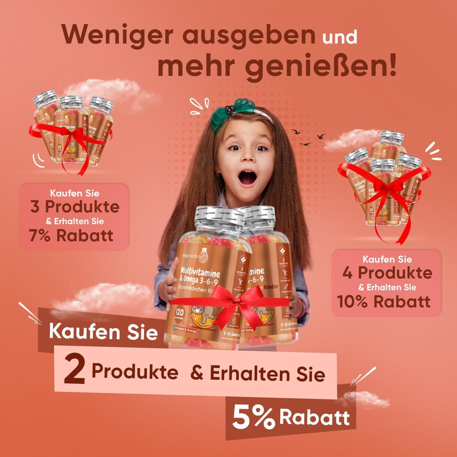 Reclamebeeld met kinderen en multivitamine gummies. Aanbiedingen: 2 producten = 5% korting, 3 producten = 7% korting, 4 producten = 10% korting.