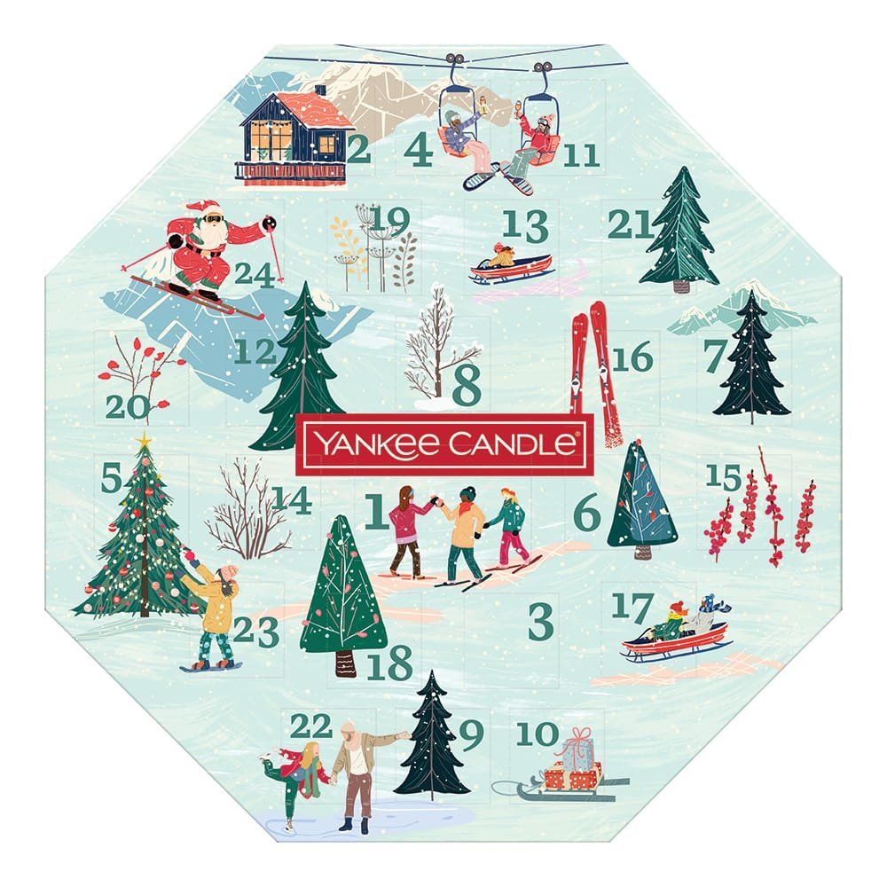 Yankee Candle achthoekige adventskalender. Winterlandschap met figuren en bomen. 24 genummerde vensters.