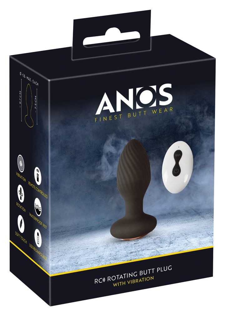 Emballage du plug anal ANOS Rotierender Spiral-Analplug avec image du produit et détails.