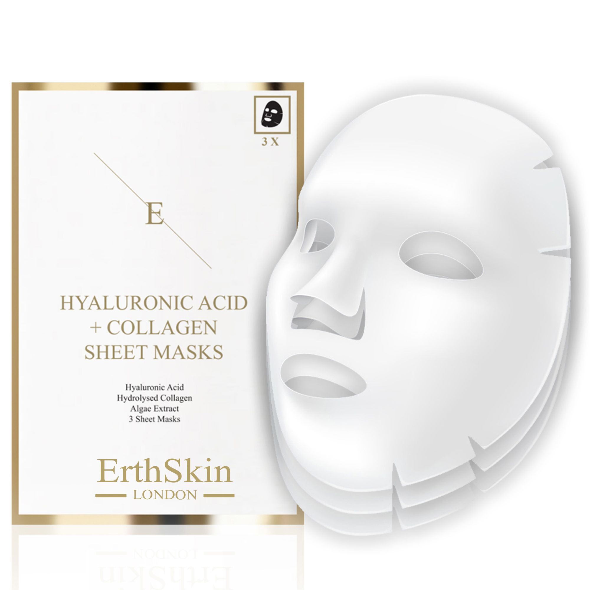 Masques faciaux blancs et emballage. Inscription : ErthSkin London, Hyaluronic Acid + Collagen Sheet Masks, 3 pièces.