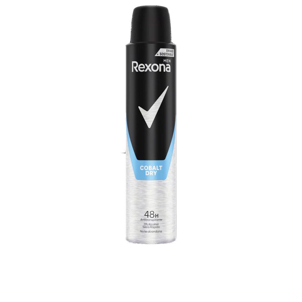 Spray déodorant Rexona. Bouchon noir, texte bleu et blanc. Nom du produit : Cobalt Dry. Protection 48h.