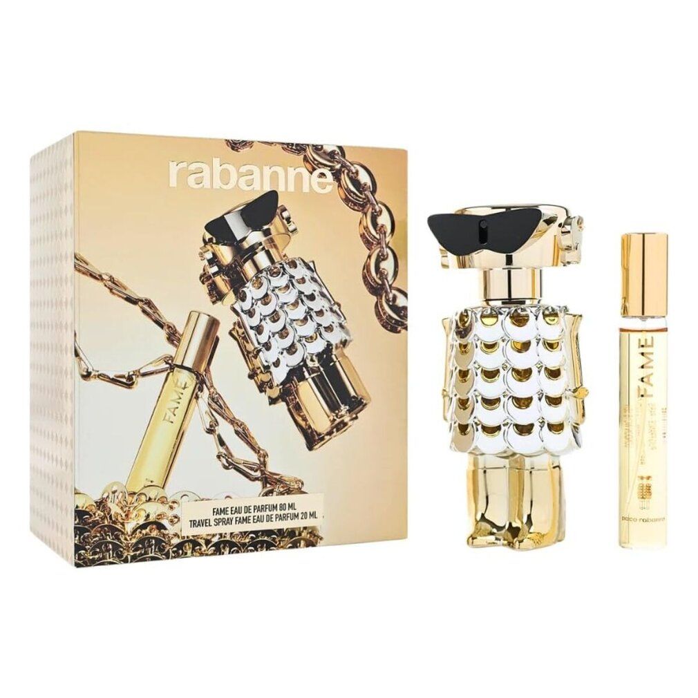Paco Rabanne Fame Parfum Femme set met fles en reisverstuiver op doos.