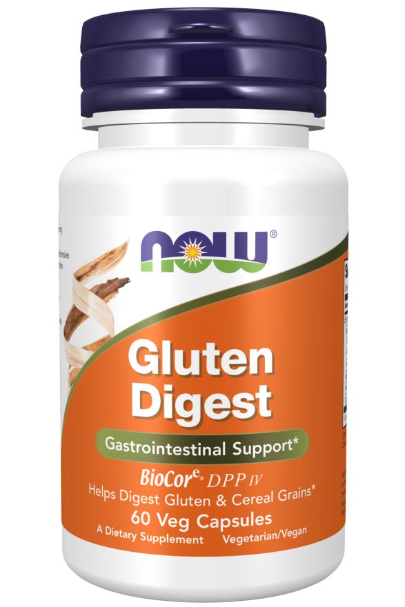 Witte fles met blauwe dop. Opschrift: NOW, Gluten Digest, Gastrointestinal Support, 60 Veg Capsules.