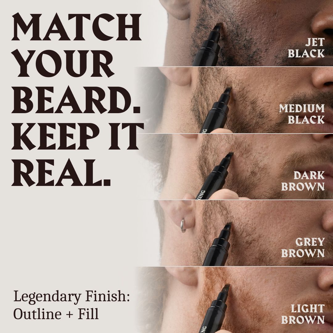 Cinq couleurs de barbe comparées : Jet Black à Light Brown.