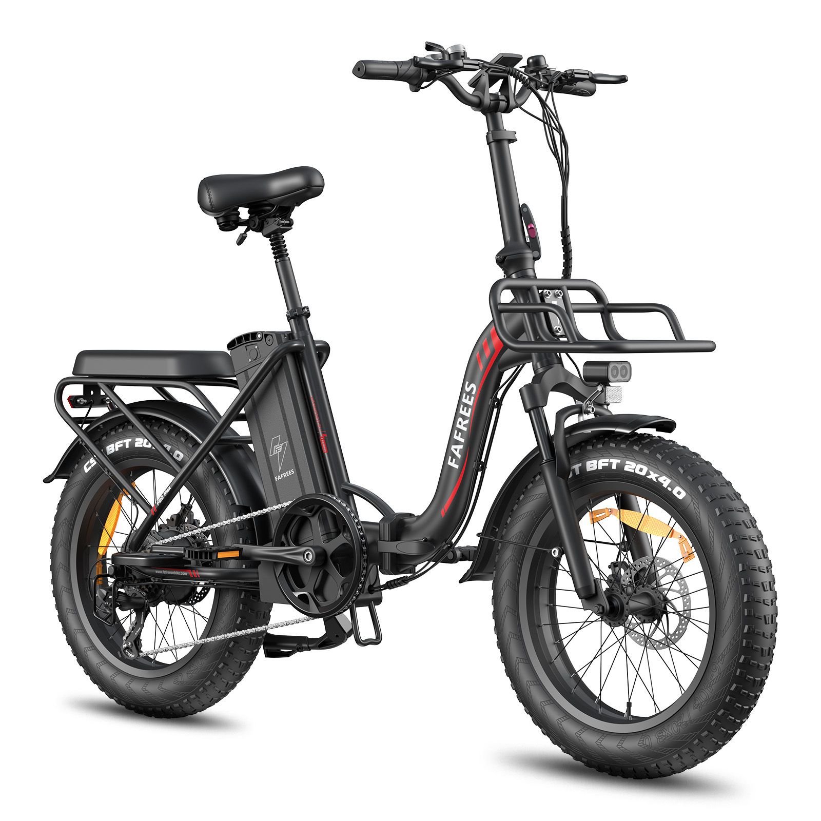 Vélo électrique pliable noir, pneus larges, porte-bagages et panier. Marque FAFREES.