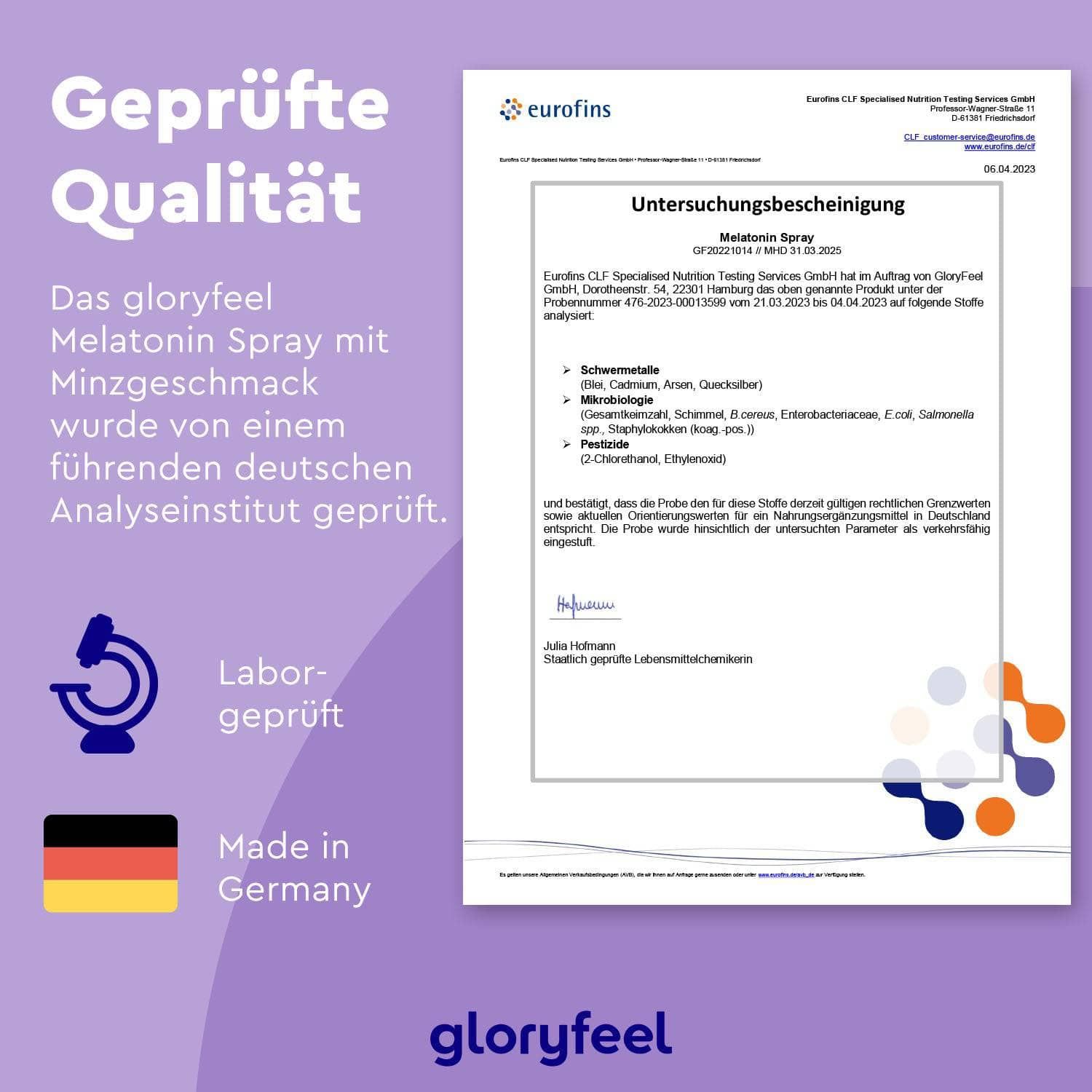 Certificeringsdocument van Eurofins. Laboratorium getest. Gemaakt in Duitsland. Productnaam en logo.