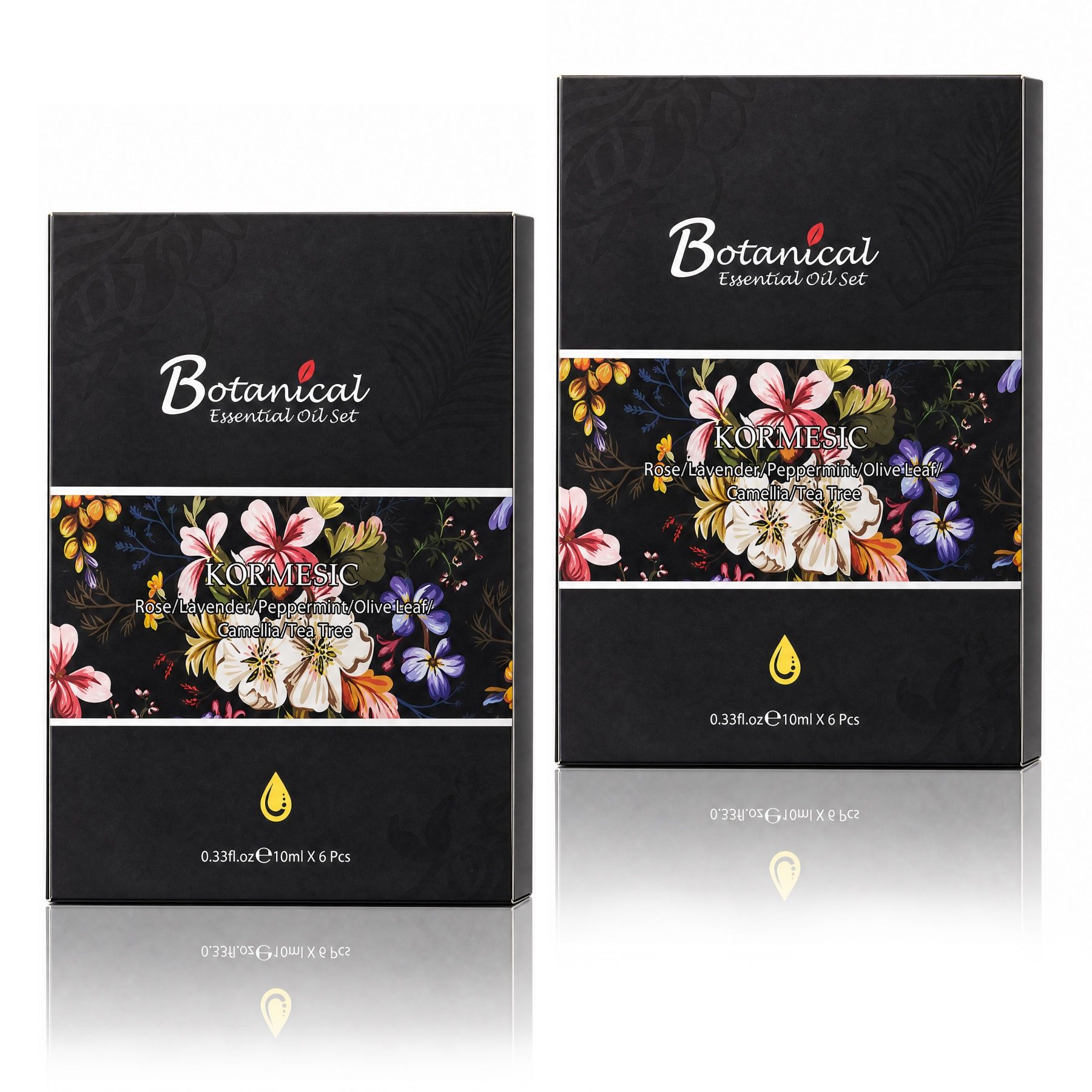 Deux boîtes noires pour huiles essentielles avec un design floral. Indique "Botanical Essential Oil Set" et "Kormesic".