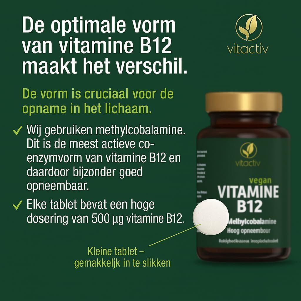 Achterkant van een donkerbruine glazen fles met Vitamine B12 tabletten. Bevat voedingswaarde-informatie, ingrediënten en houdbaarheidsdatum.