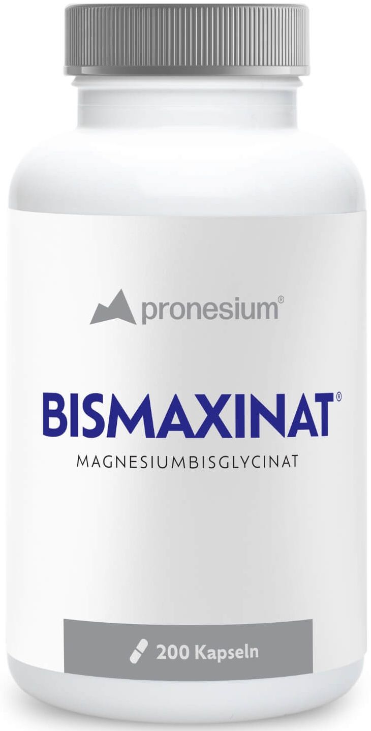 Witte fles met capsules. Opschrift: BISMAXINAT, Magnesiumbisglycinaat. 200 capsules.