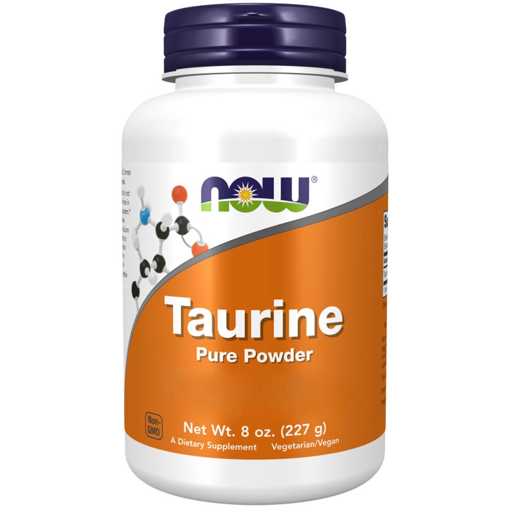 Witte fles met blauwe dop. Opschrift: NOW, Taurine Pure Powder. Oranje achtergrond. Netto gewicht 8 oz (227 g).