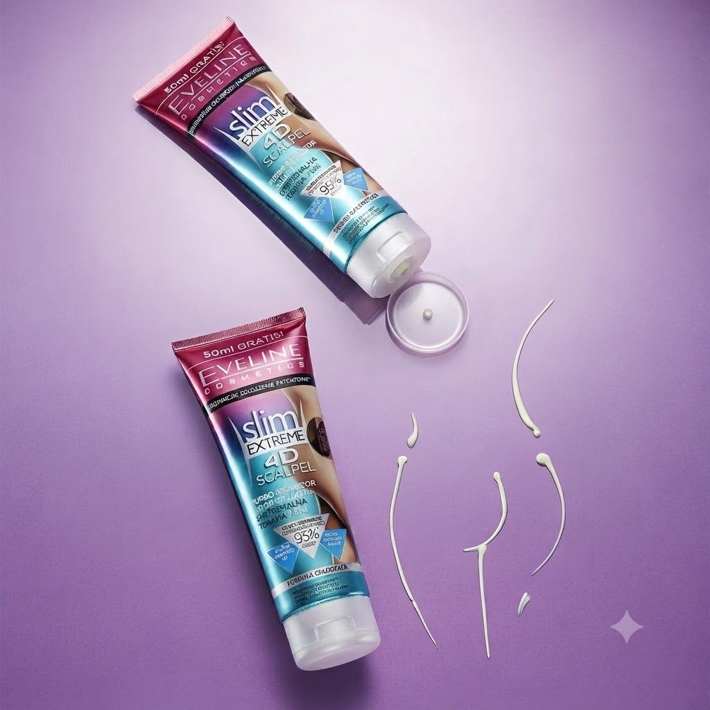 Twee tubes Eveline Slim Extreme 4D Scalpel gel op paarse achtergrond. Eén tube is open.