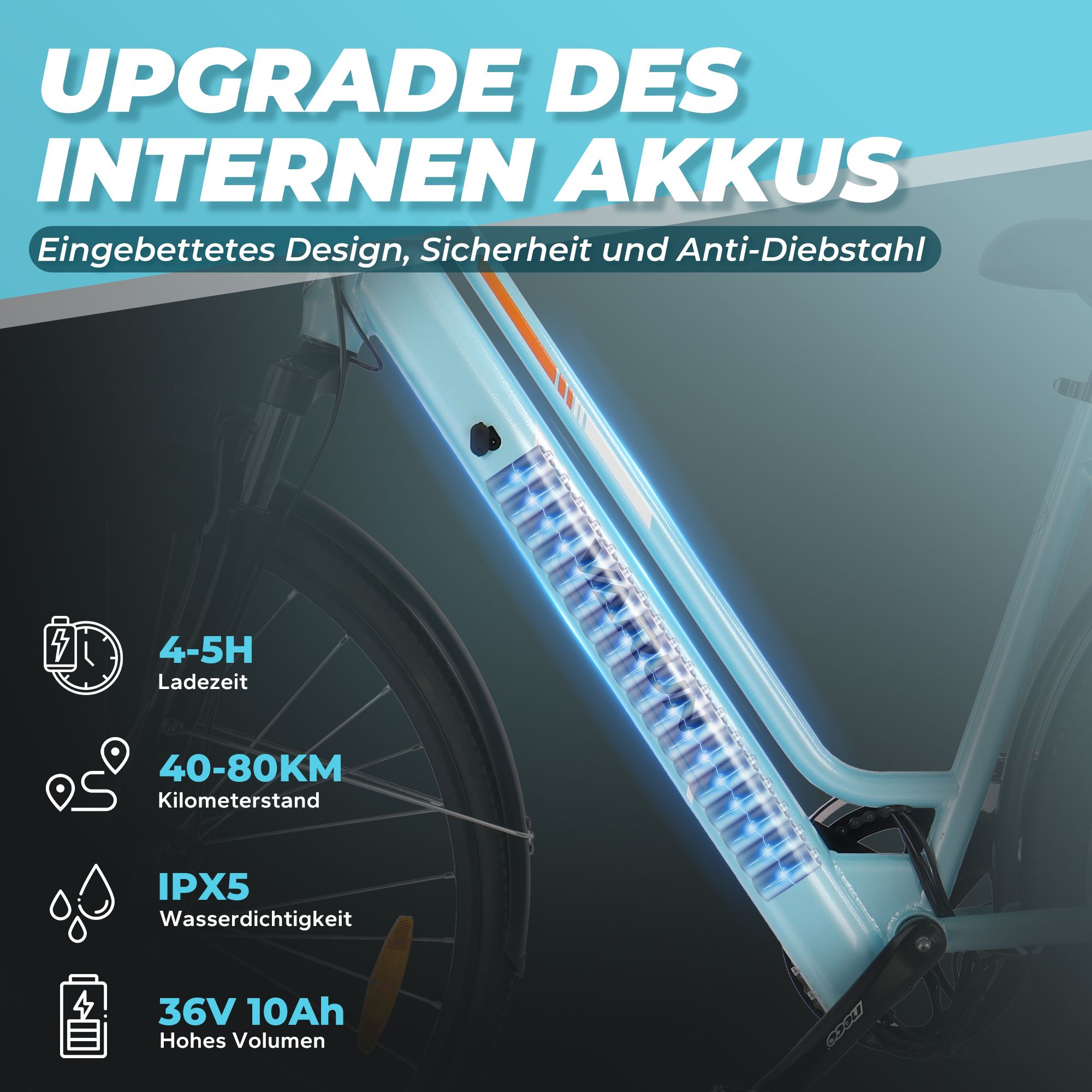 Lichtblauwe e-bike met ingebouwde batterij. Tekst: Oplaadtijd 4-5H, bereik 40-80KM, IPX5 waterdichtheid, 36V 10Ah.