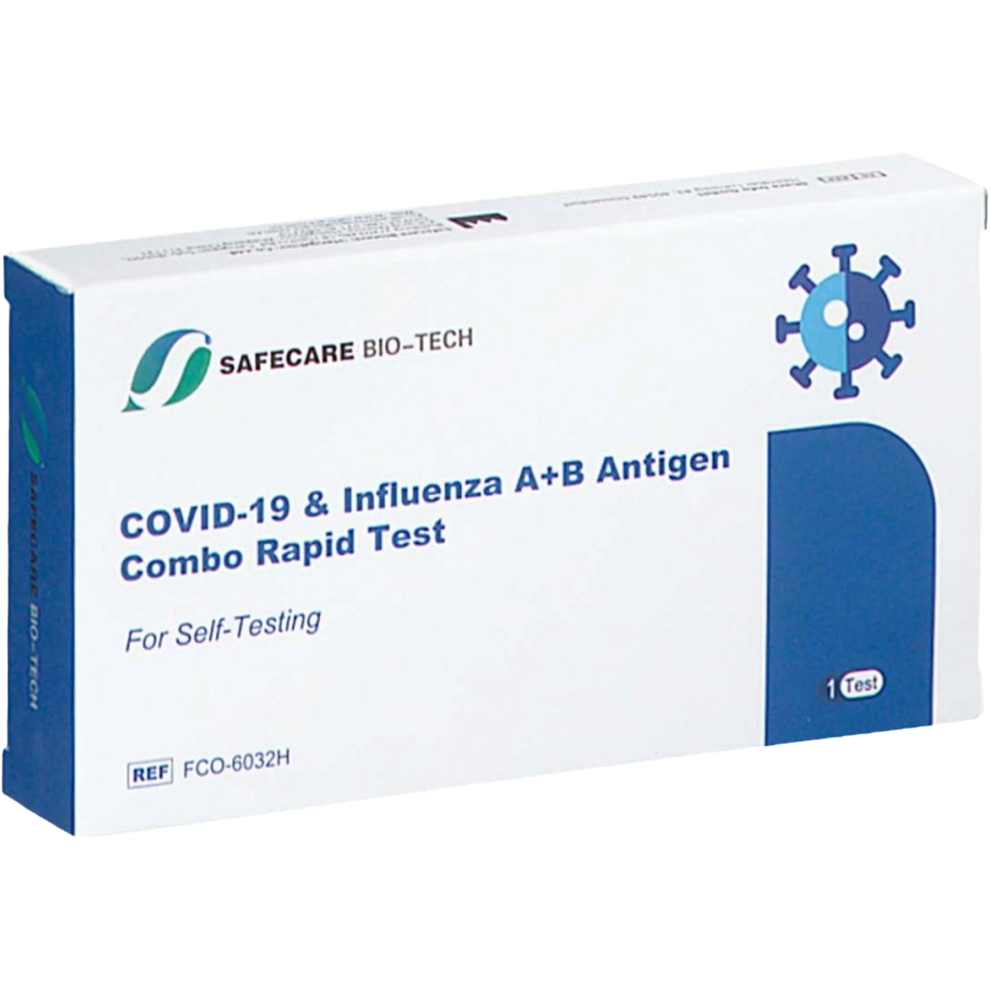 Safecare Bio-Tech COVID-19 & Influenza A+B Antigen Combo Rapid Test doos, voor zelftests.