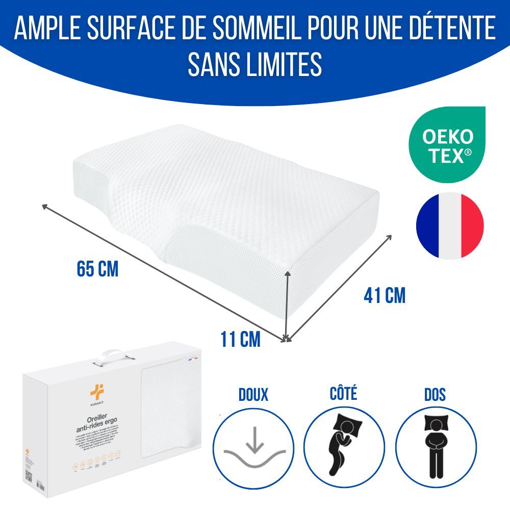 Oreiller ergonomique avec dimensions. 65x41x11 cm. Certification Oeko-Tex. Drapeau français.