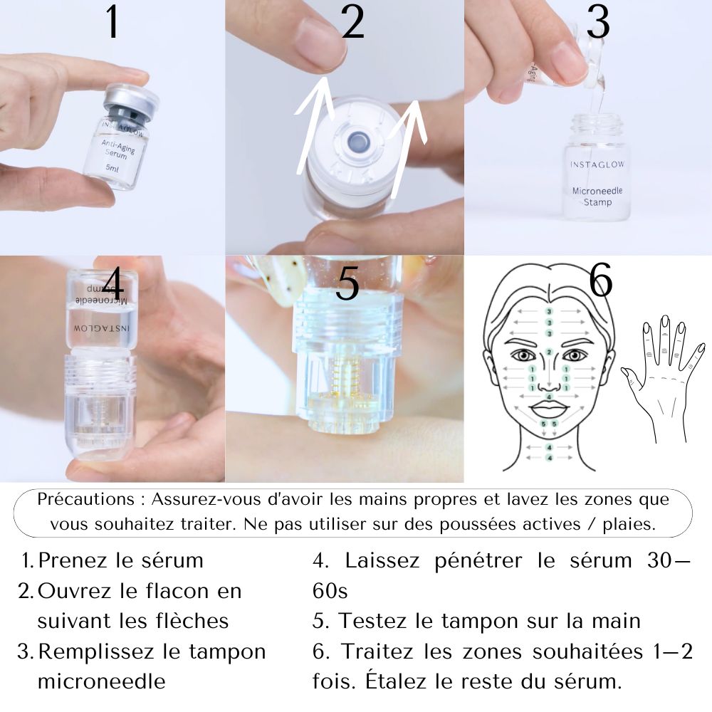 Instructions d'utilisation du produit Instaglow. Étapes 1 à 6. Sérum, tampon, application.
