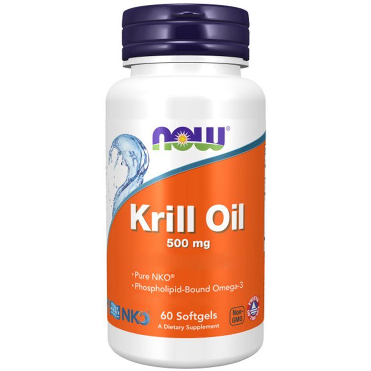 Flacon blanc, bouchon bleu. Inscription 'Krill Oil 500 mg' et 'NOW'. Contient 60 gélules. Logo NKO visible.