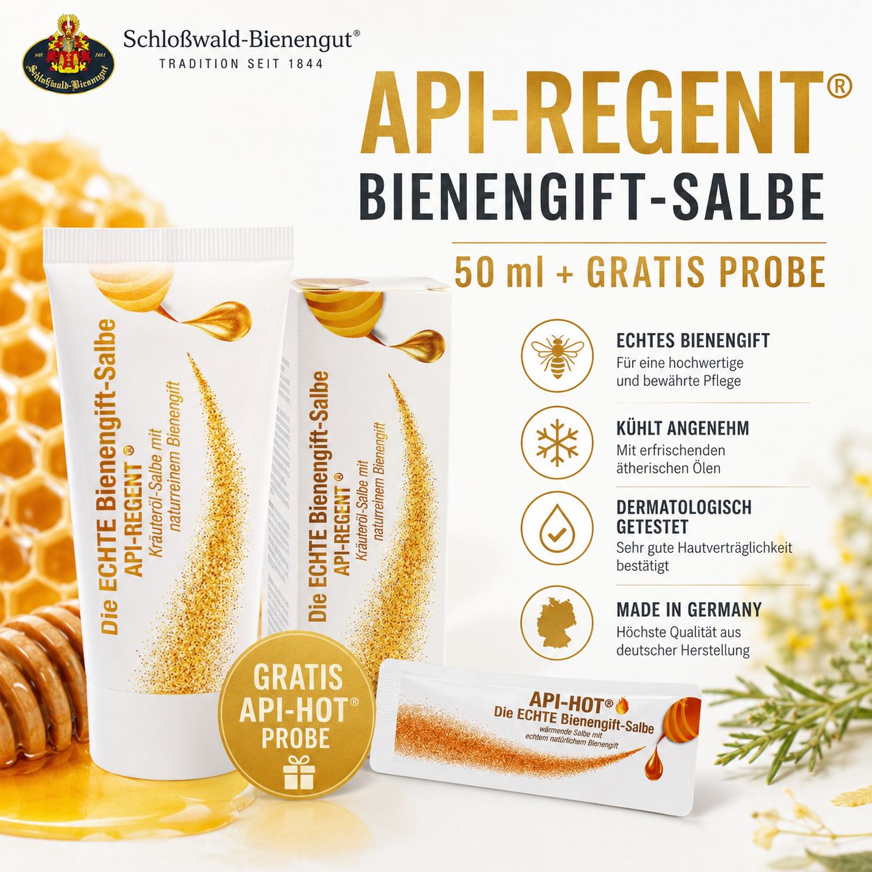 Twee tubes en een doosje API-REGENT bijengifzalf, 50 ml, met gratis proefverpakking. Gouden honing en honingraten op de achtergrond.