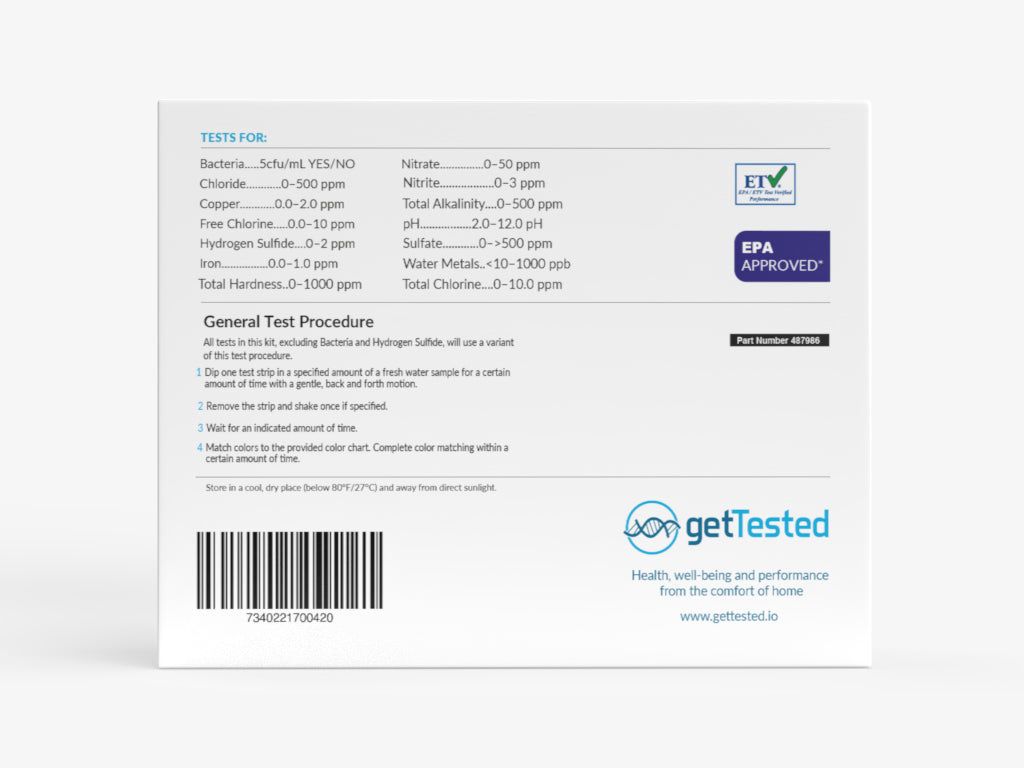 Boîte de test GetTested. Arrière avec résultats des tests, procédure générale, code-barres et logo. Certifications EPA et ETV.