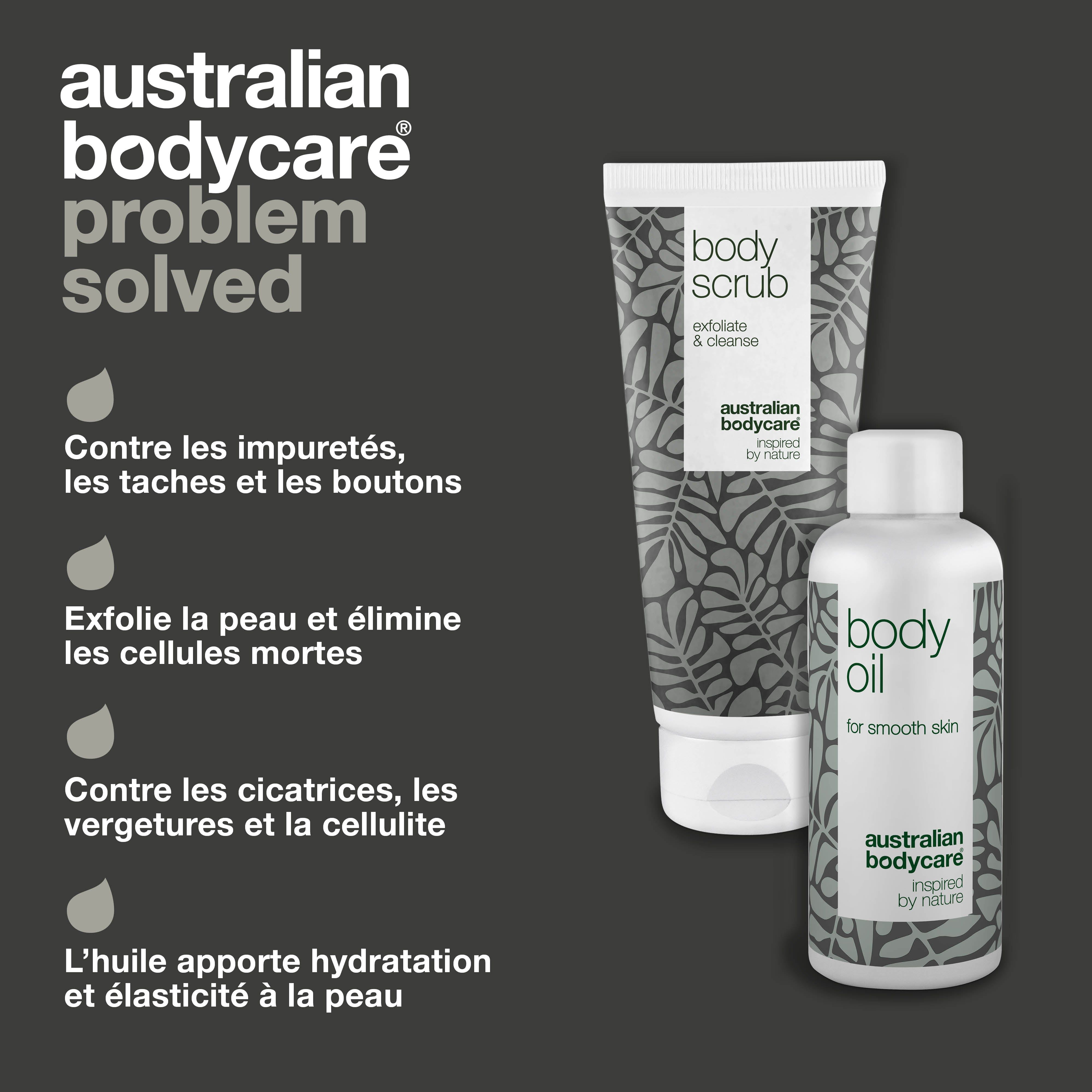 Body Scrub et Body Oil. Réduit la cellulite, les vergetures et les taches pigmentaires. Exfolie la peau.