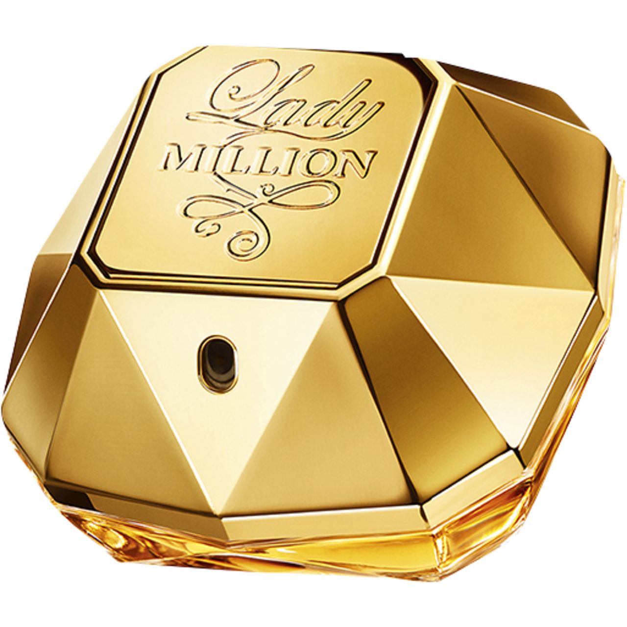 Flacon doré en forme de diamant. Inscription "Lady Million".